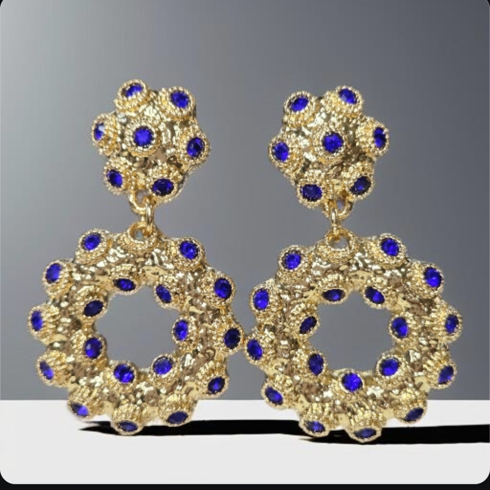 Chunky 18k Gold Plated Sapphire Crystal Drop Hoop Dangle Earrings